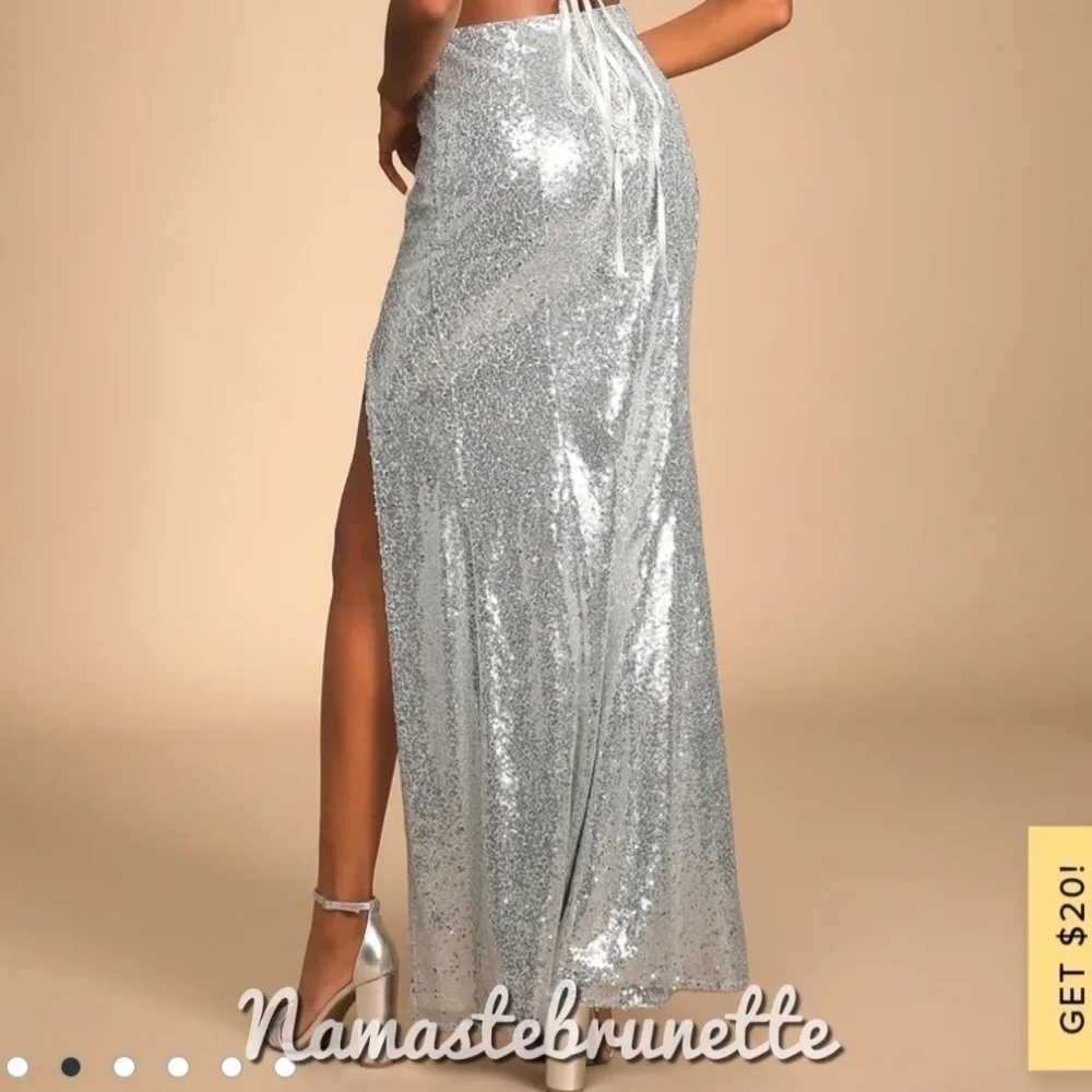 Nwt Lulu's Spotlights Shining Silver Sequin Two-Piece Maxi Dress - Picture 7 of 14